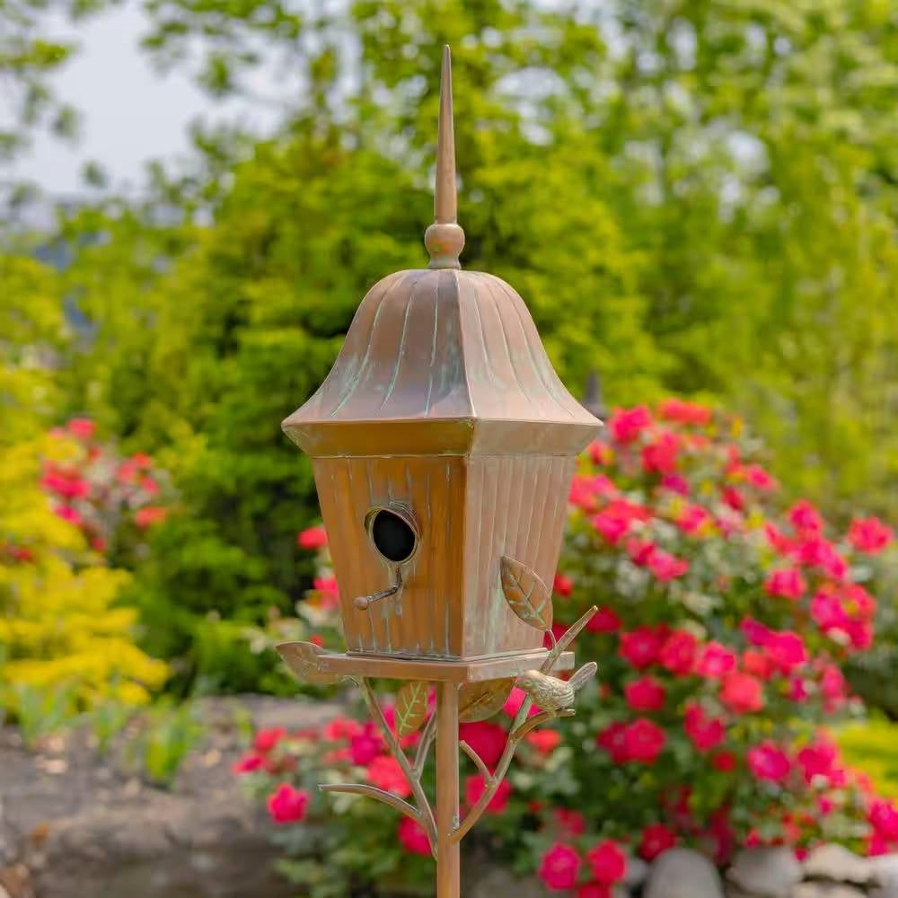 Copper Finish Metal Garden Birdhouse with Stake and Pole-0