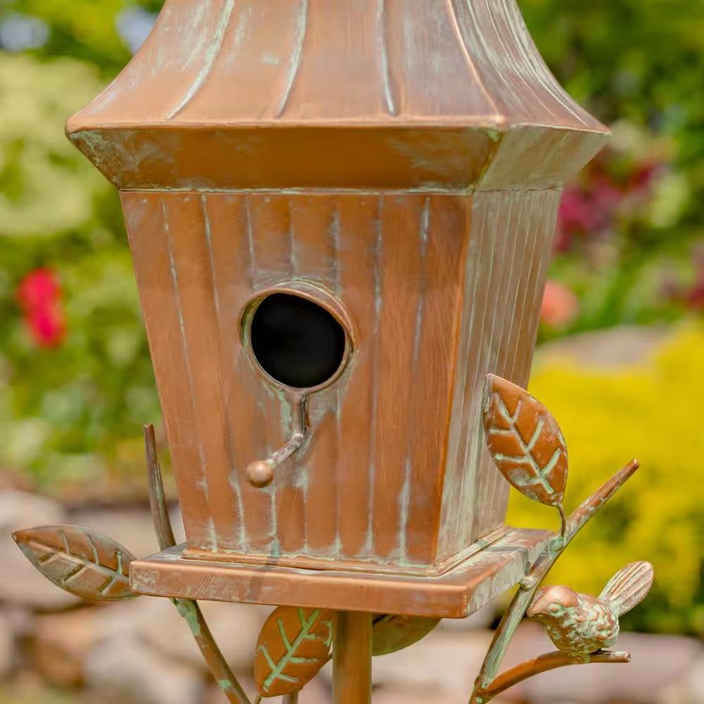 Copper Finish Metal Garden Birdhouse with Stake and Pole-1