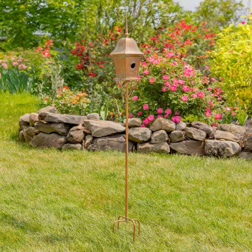 Copper Finish Metal Garden Birdhouse with Stake and Pole-3