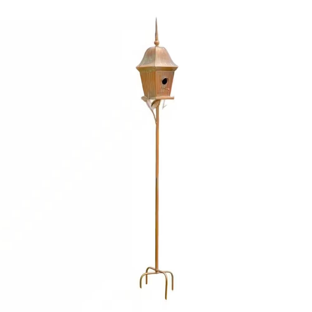 Copper Finish Metal Garden Birdhouse with Stake and Pole-4