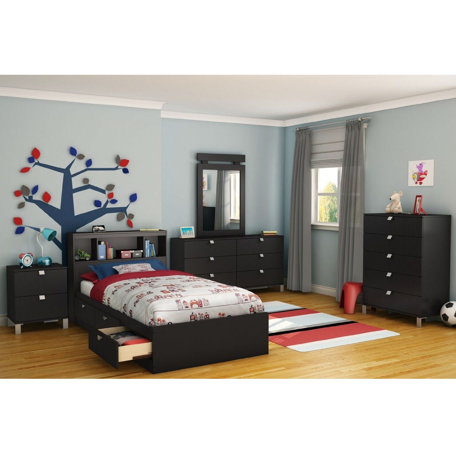 Twin size Platform Bed with 3 Storage Drawers in Black Finish-1