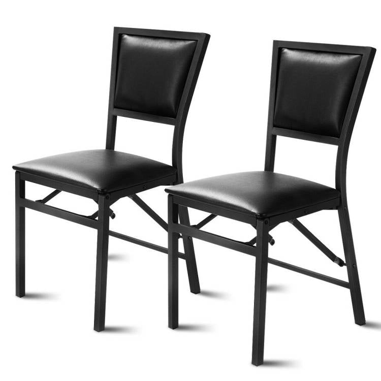 Set of 2 - Modern Black Metal Folding Dining Chairs with PU Leather Seat Cushion-0