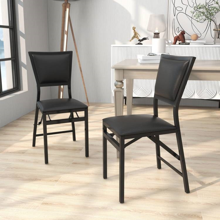 Set of 2 - Modern Black Metal Folding Dining Chairs with PU Leather Seat Cushion-1