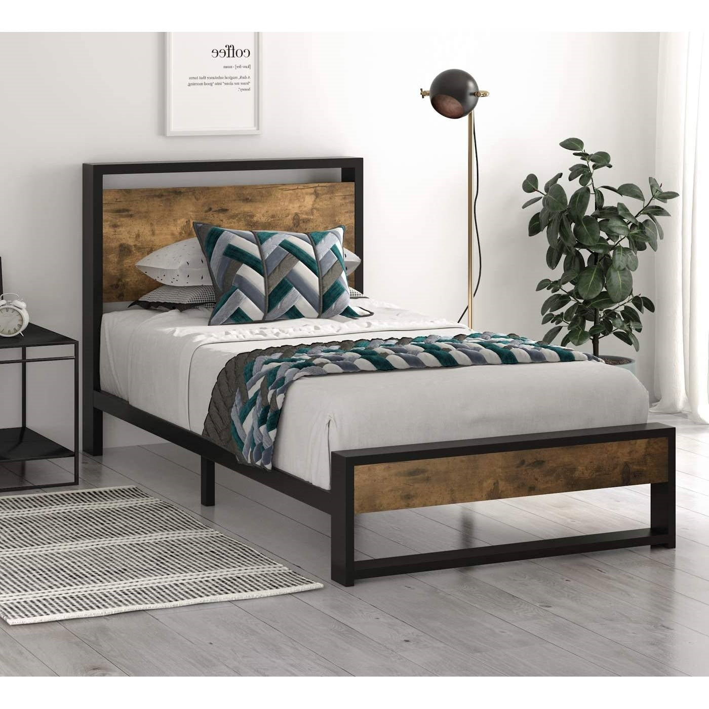 Twin size Metal Wood Platform Bed Frame with Industrial Headboard-1