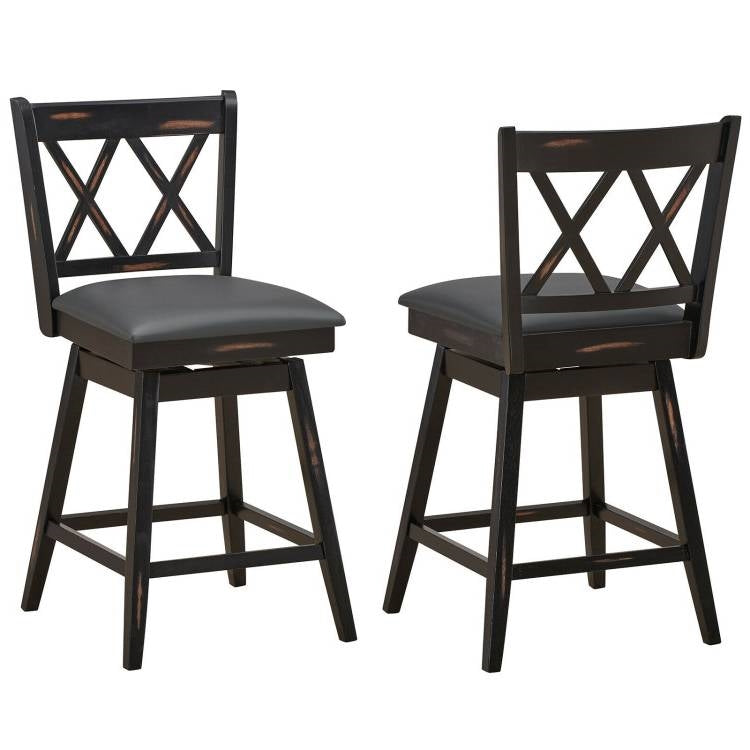 Set of 2 Black Wood 24-in Counter Height Farmhouse Swivel Cushion Seat Barstools-0