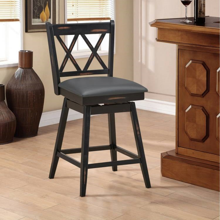 Set of 2 Black Wood 24-in Counter Height Farmhouse Swivel Cushion Seat Barstools-2