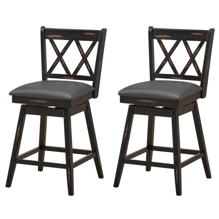 Set of 2 Black Wood 24-in Counter Height Farmhouse Swivel Cushion Seat Barstools-3