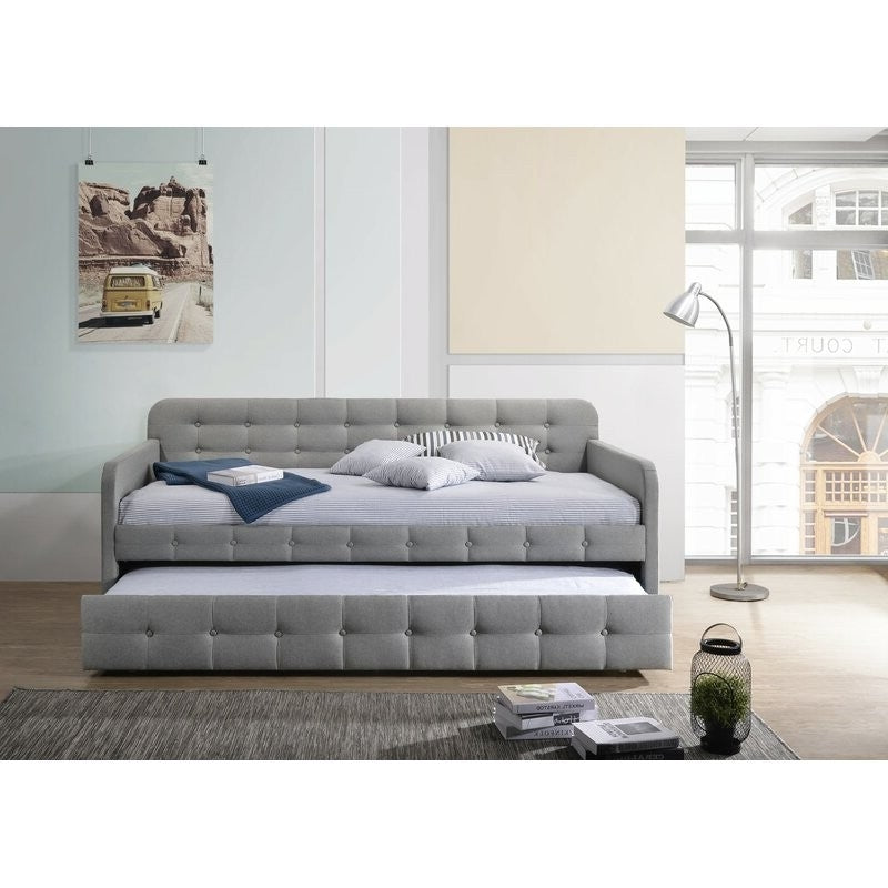 Gray Tufted Polyester Linen Twin Daybed with Trundle-3