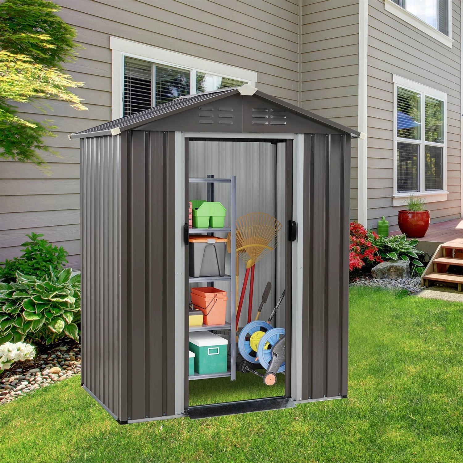 5 x 3 ft. Outdoor Grey Metal Garden Storage Shed-0