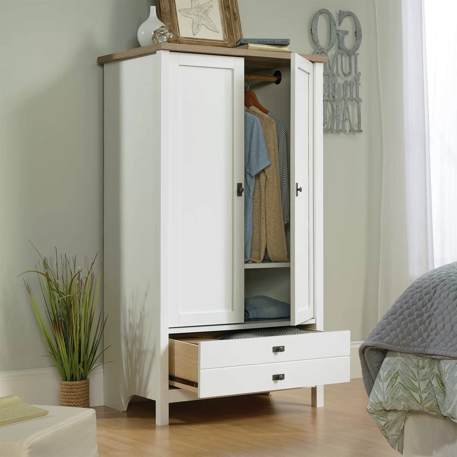 Farmhouse Bedroom Armoire Cabinet w/ Bottom Storage Drawer in White Wood Finish-0