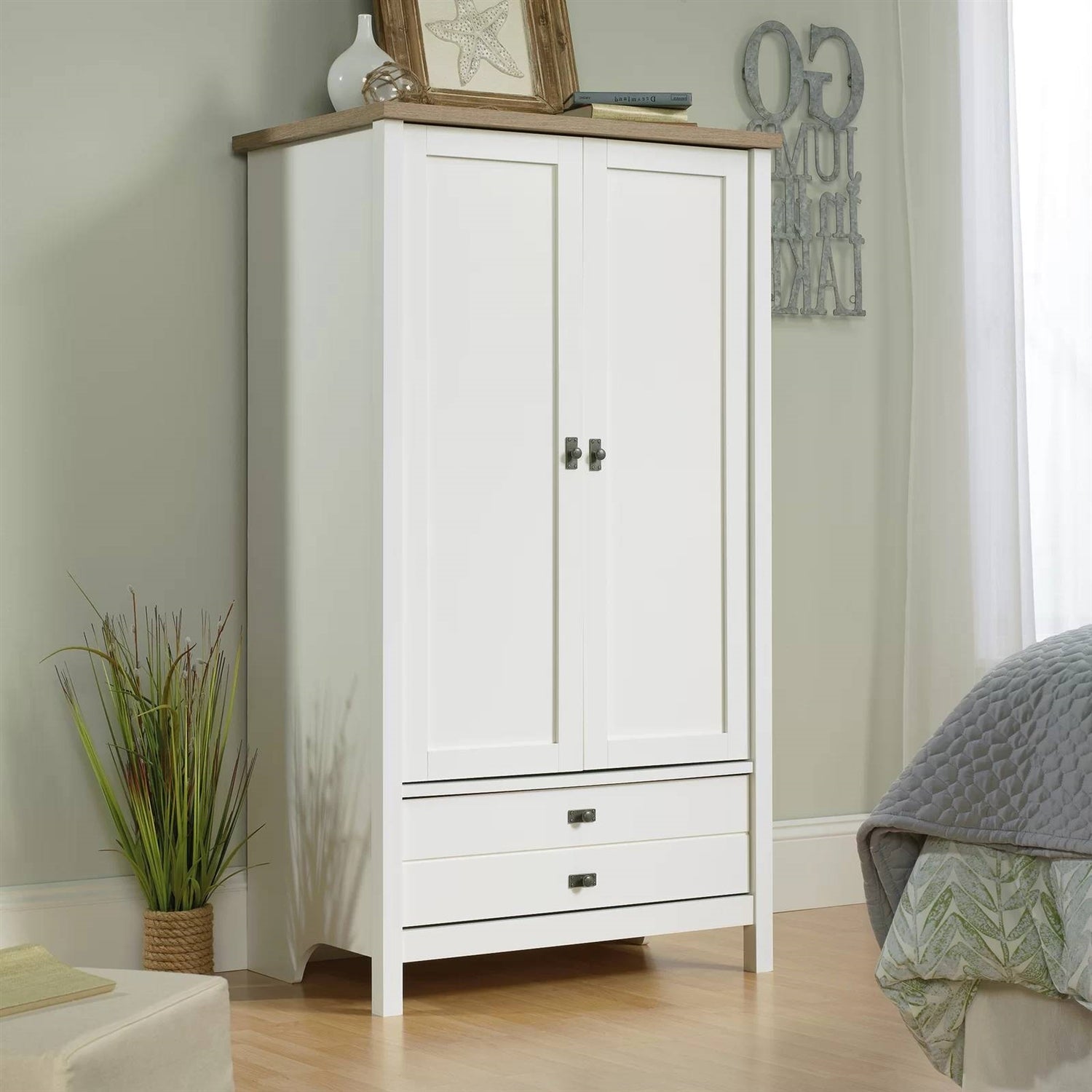 Farmhouse Bedroom Armoire Cabinet w/ Bottom Storage Drawer in White Wood Finish-1