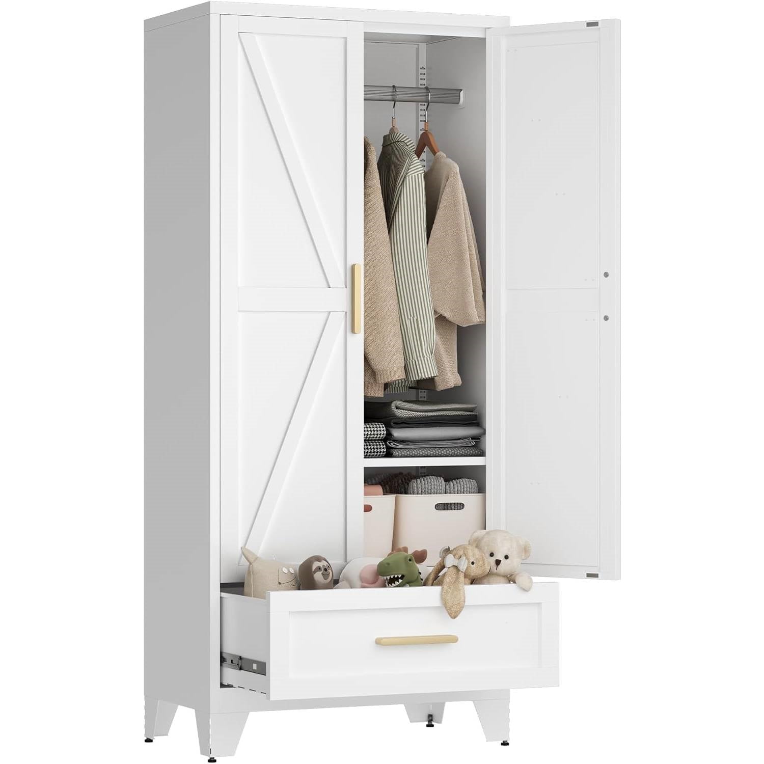 White 2-Door Wardrobe Armoire Cabinet with Storage Drawer and Hanging Rod-0