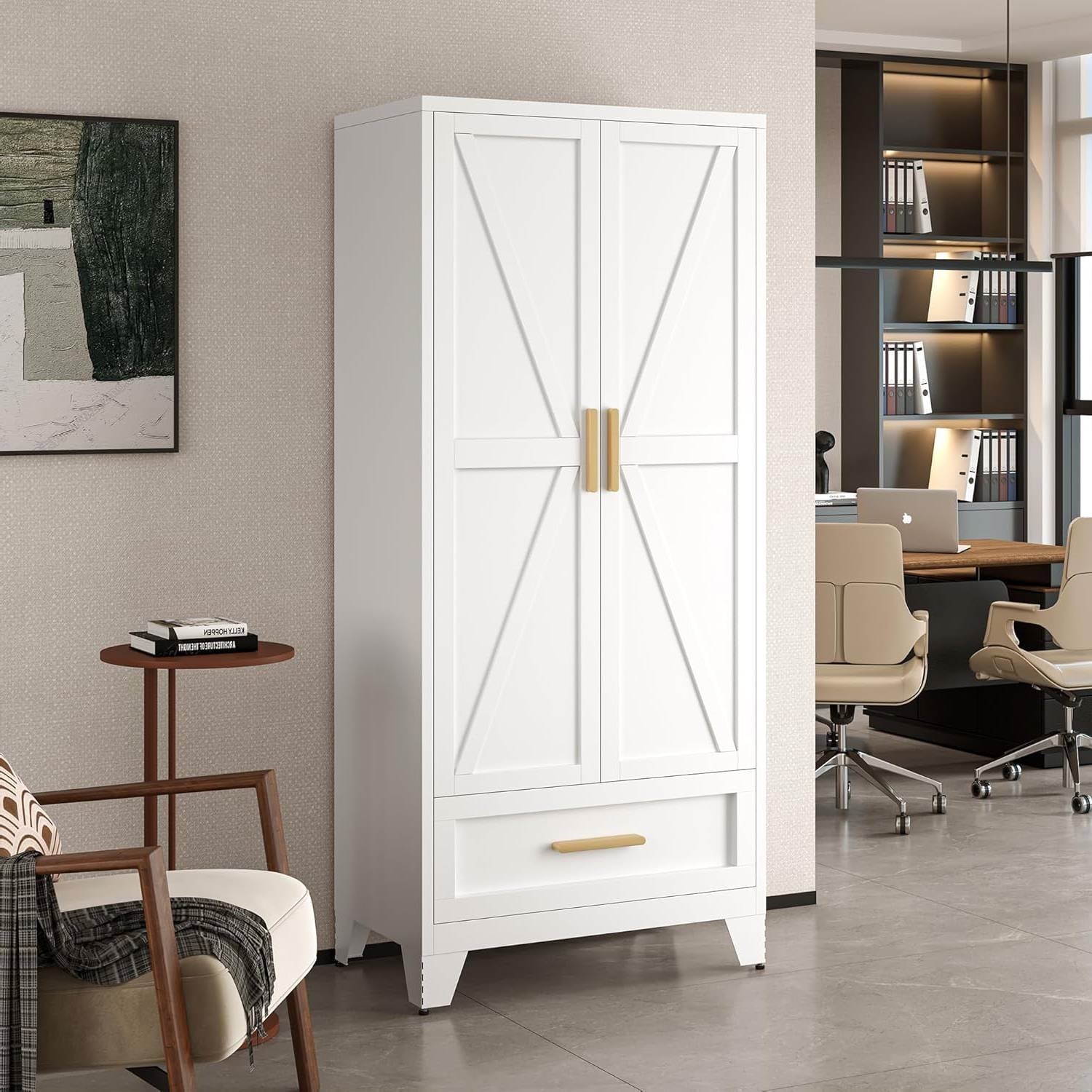 White 2-Door Wardrobe Armoire Cabinet with Storage Drawer and Hanging Rod-1
