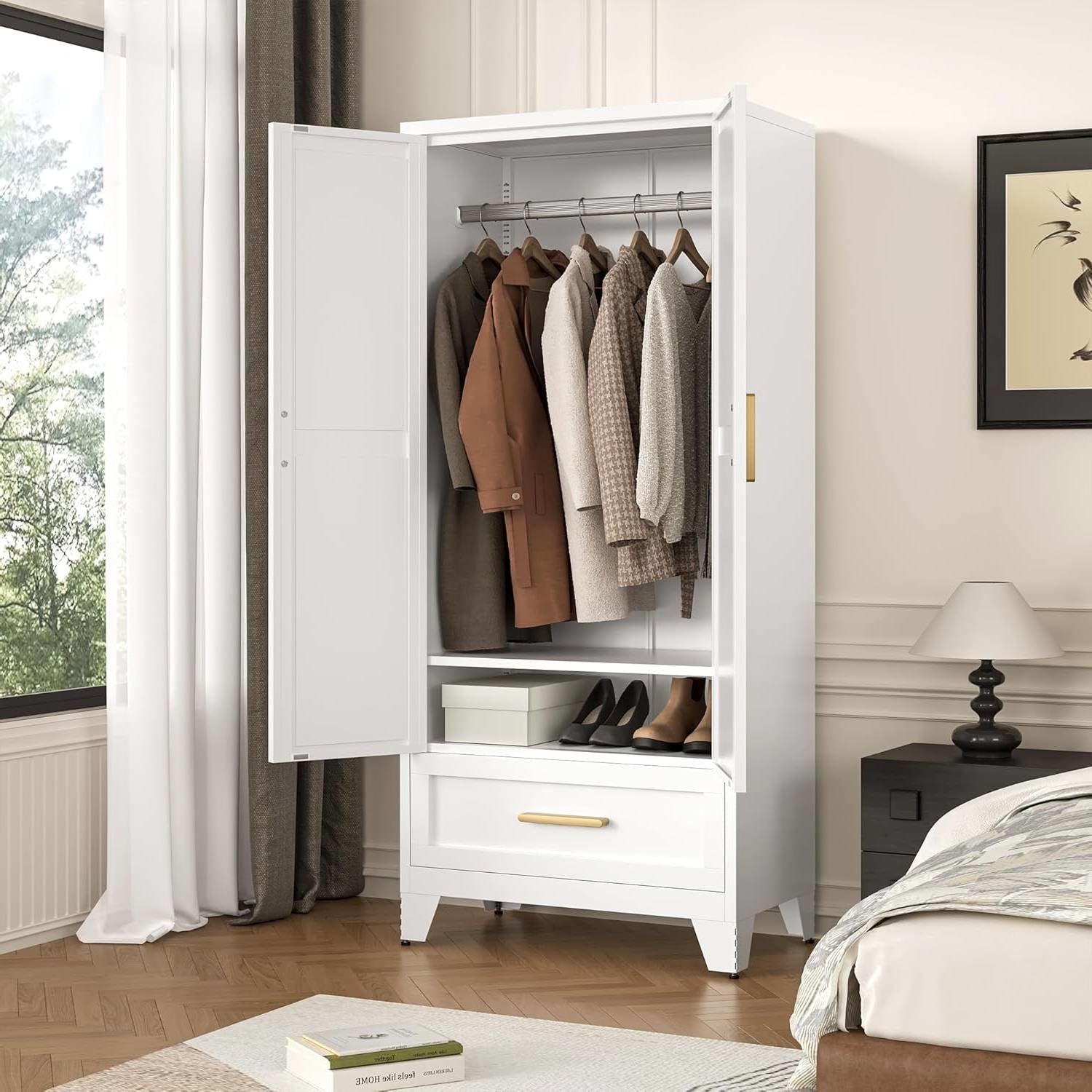 White 2-Door Wardrobe Armoire Cabinet with Storage Drawer and Hanging Rod-2