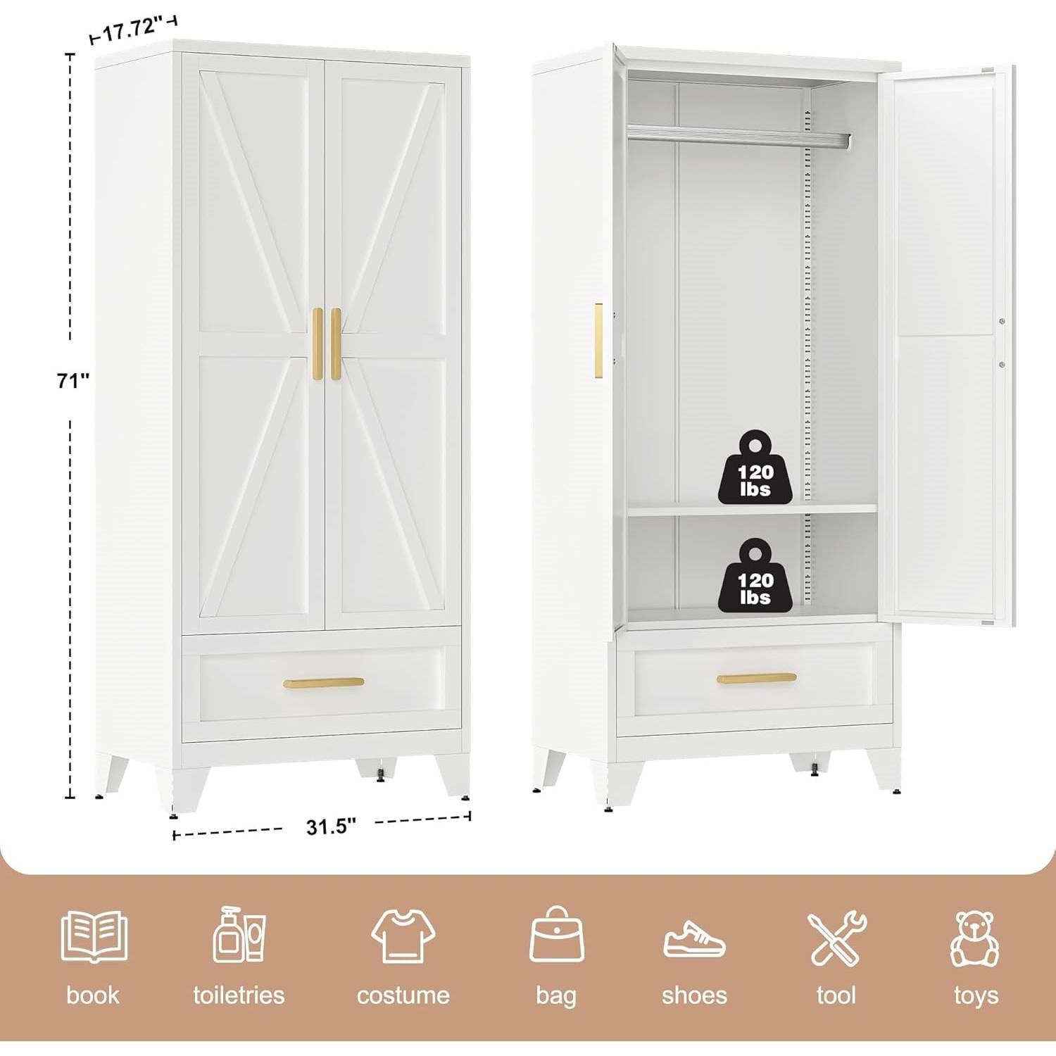 White 2-Door Wardrobe Armoire Cabinet with Storage Drawer and Hanging Rod-4
