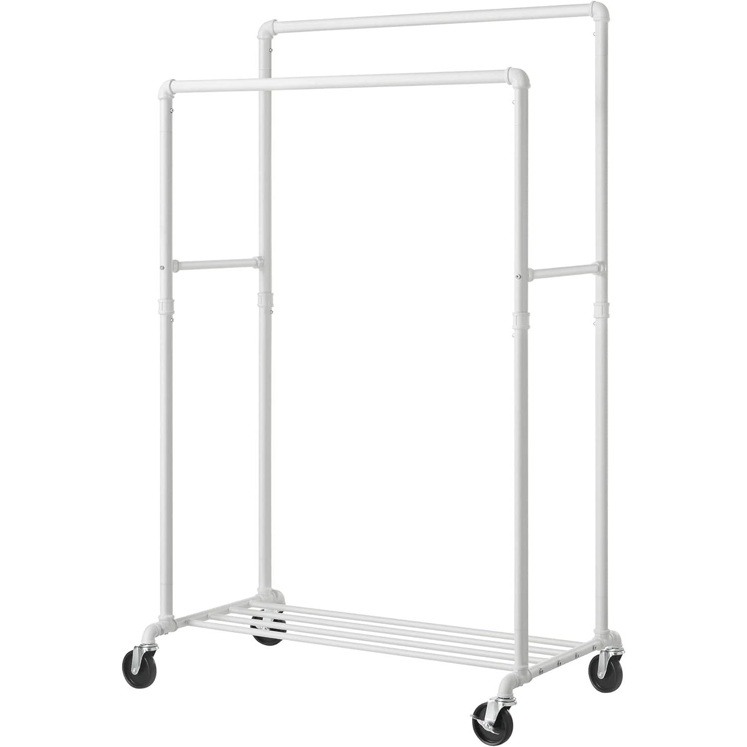 Heavy Duty White Pipe Double-Rod Garment Clothes Rack with Locking Wheels-0