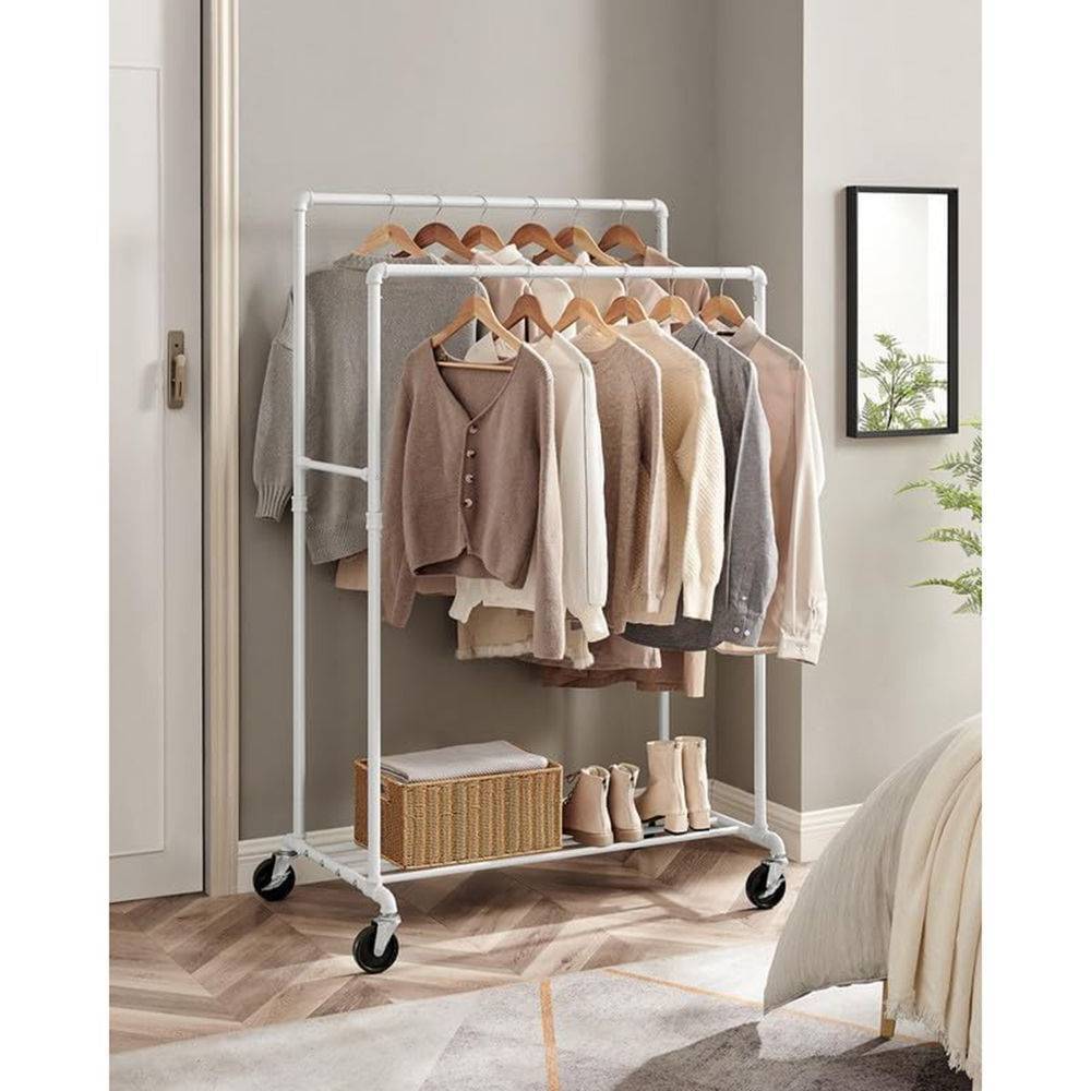 Heavy Duty White Pipe Double-Rod Garment Clothes Rack with Locking Wheels-1