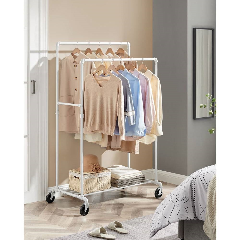 Heavy Duty White Pipe Double-Rod Garment Clothes Rack with Locking Wheels-2