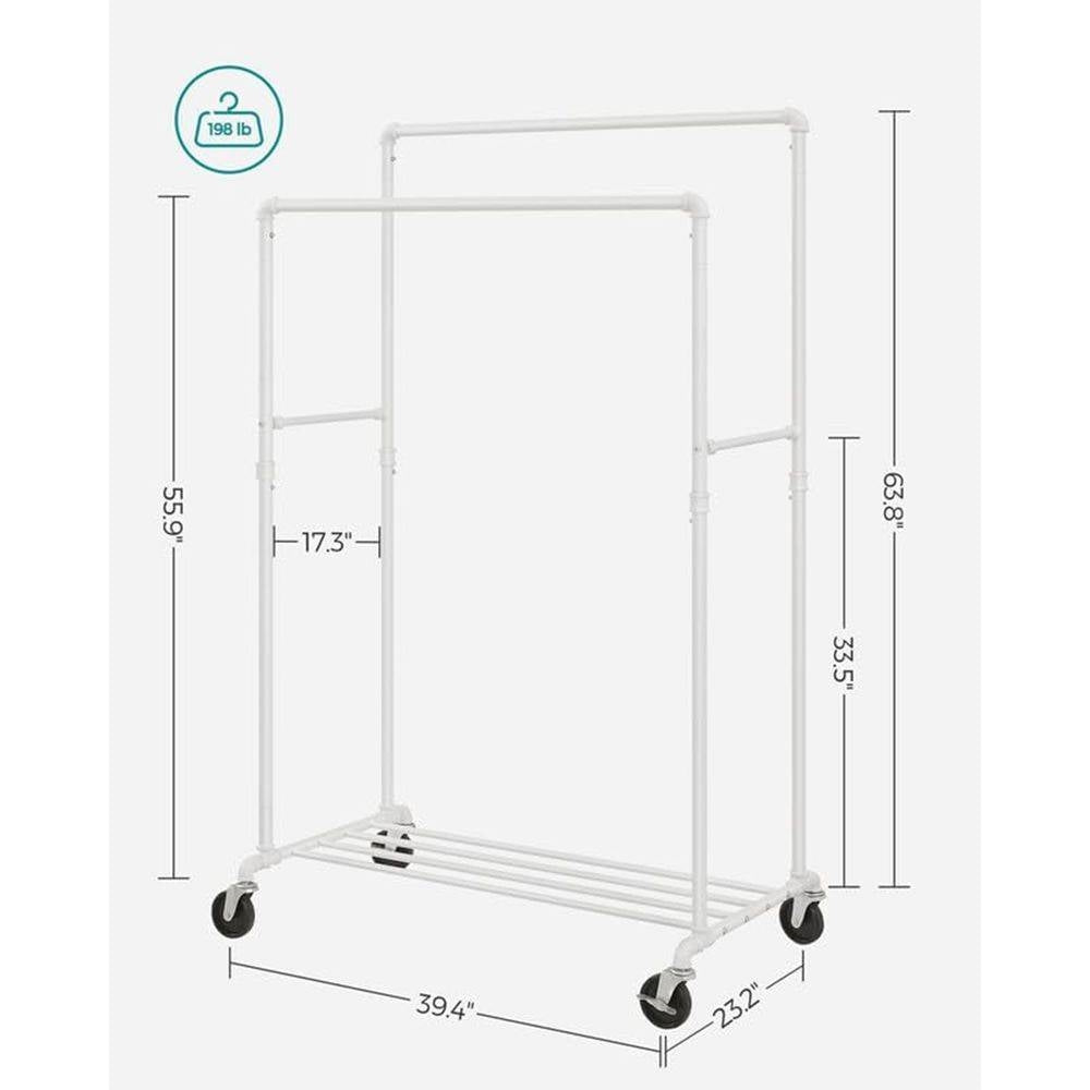 Heavy Duty White Pipe Double-Rod Garment Clothes Rack with Locking Wheels-3