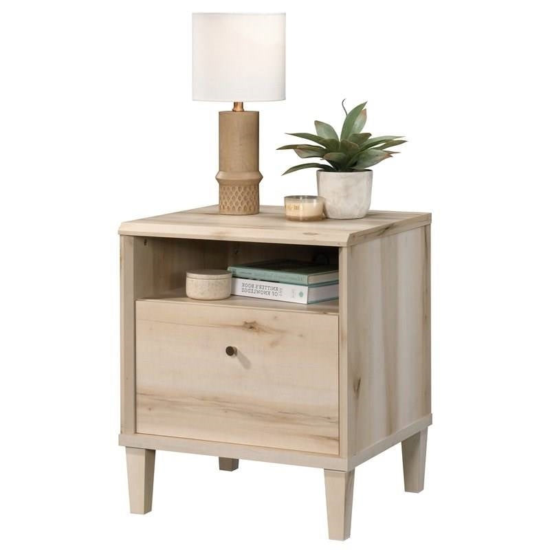 Light Maple Wood Farmhouse Style 1-Drawer Nightstand with Open Shelf-0