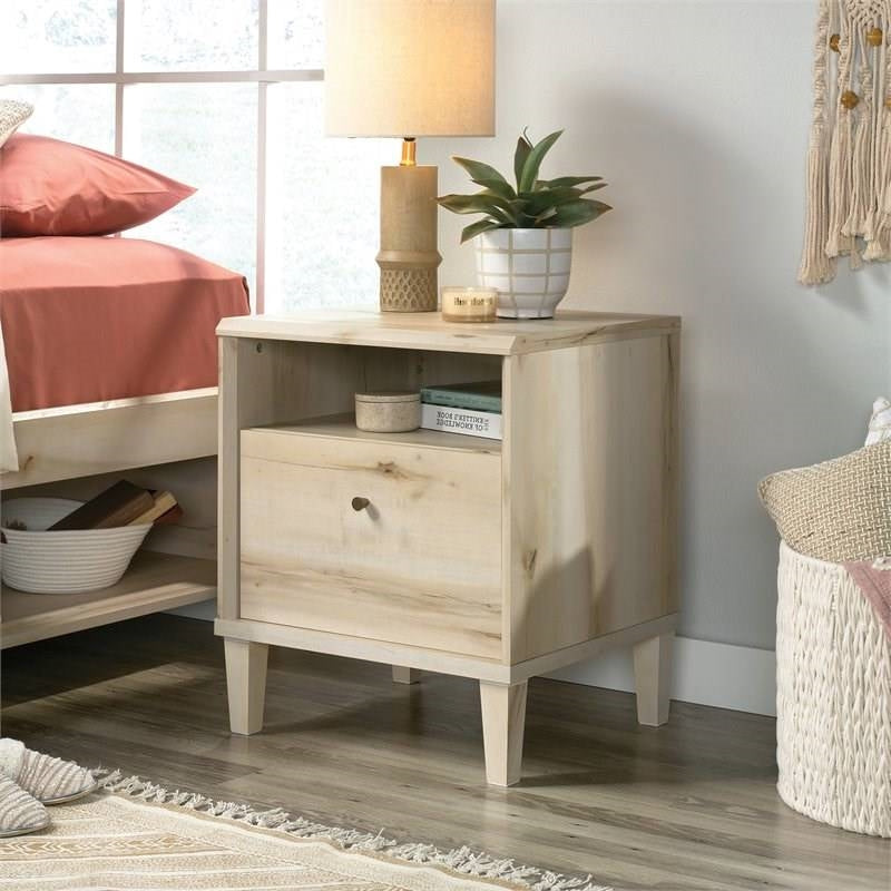 Light Maple Wood Farmhouse Style 1-Drawer Nightstand with Open Shelf-1