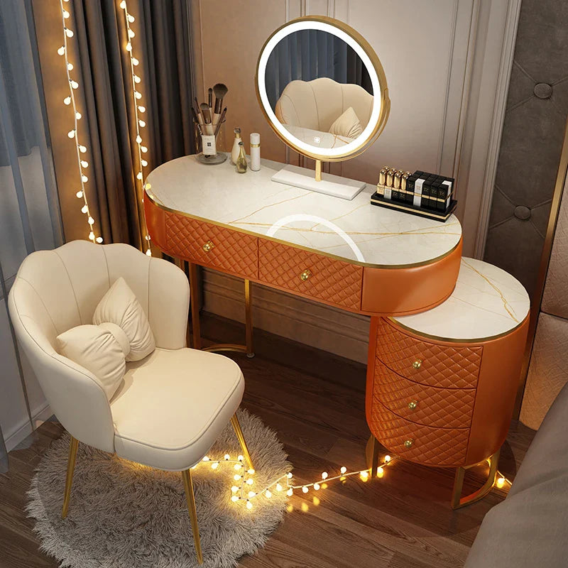 Nordic vanity chair white bedroom LED light Dresser storage cabinet makeup Dressing table light mirror stool bedroom furniture