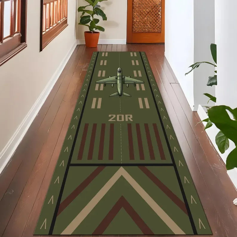 Realistic Airport Runway Carpet Mat Rug, Aviation Theme & Interactive home decoration with Grey Green Tone for Hallway Playroom