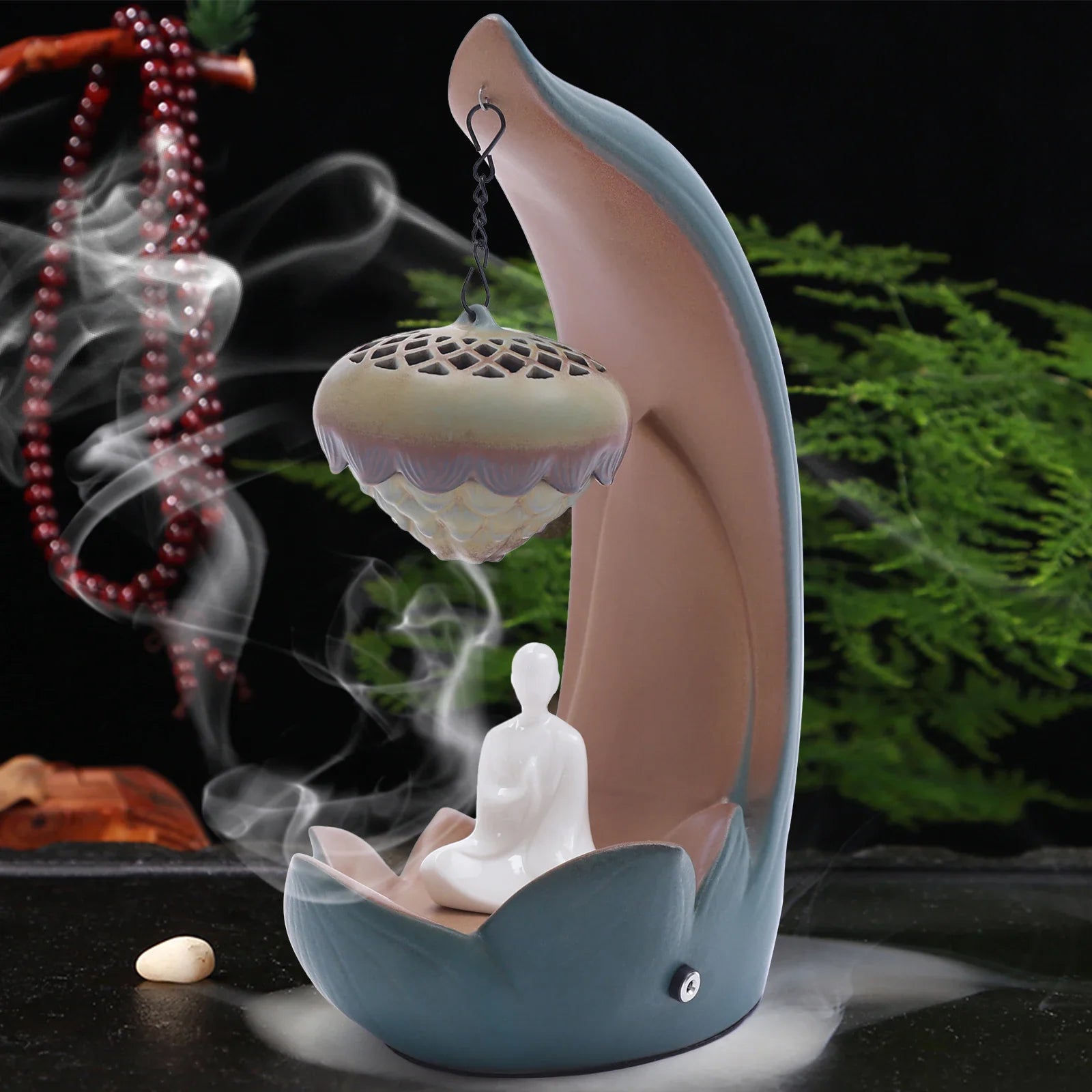 11.6 Inch Lotus Hanging Ball Backflow Incense Burner Lamp LED Statue Ceramic Ring Hanging Stove Sandalwood-3