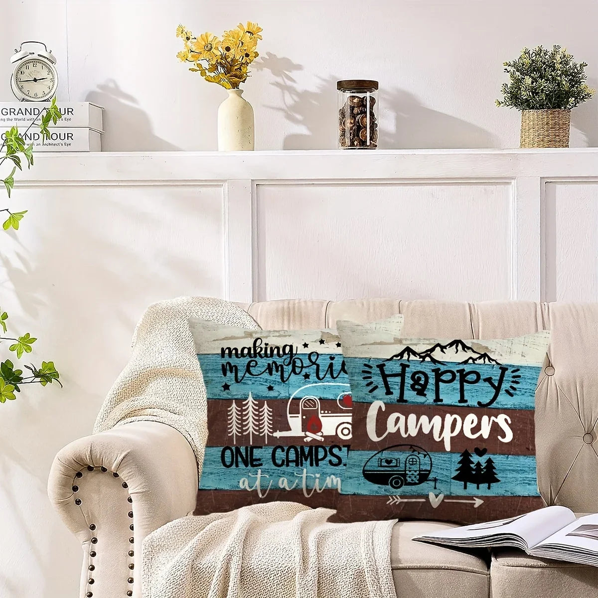 VIKAMA Camping Theme Pillowcase, Country-Style Decorative Cushion pillow Cover, For Sofas, RVs, Camping, Bedroom Home Decoration