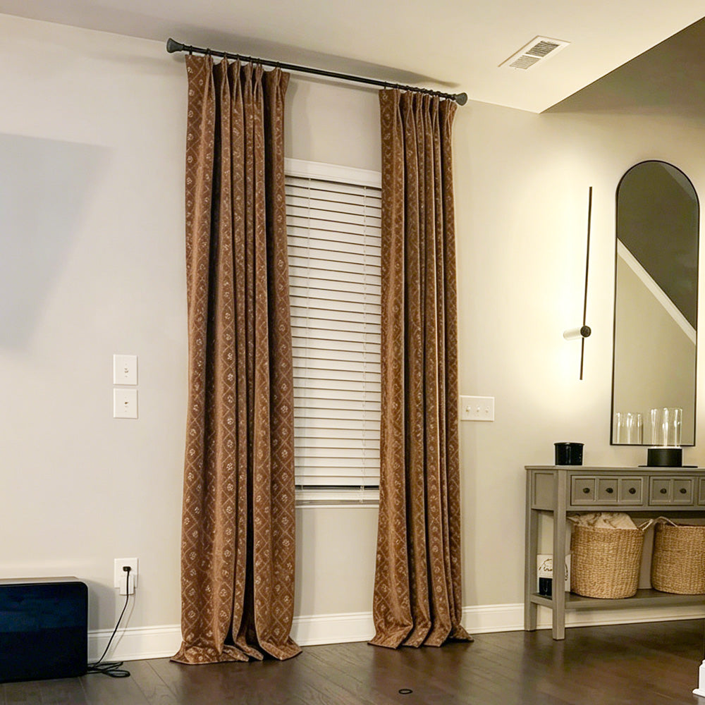 Scarlett Caramel Diamond Trellis Floral Velvet Curtains