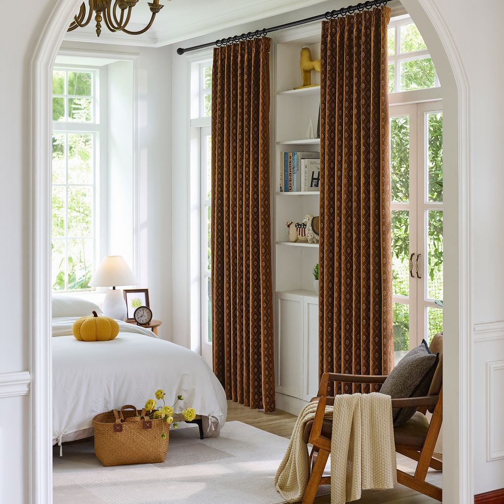 Scarlett Caramel Diamond Trellis Floral Velvet Curtains
