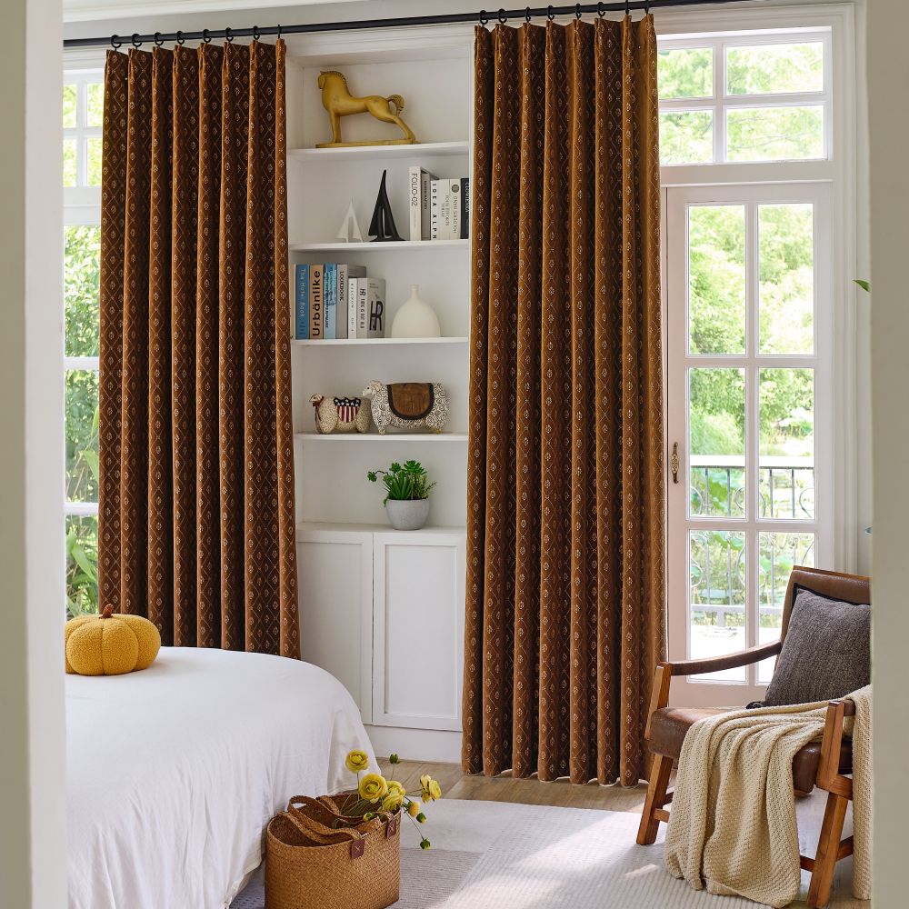 Scarlett Caramel Diamond Trellis Floral Velvet Curtains
