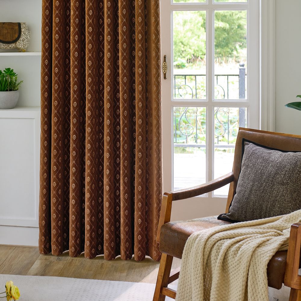 Scarlett Caramel Diamond Trellis Floral Velvet Curtains