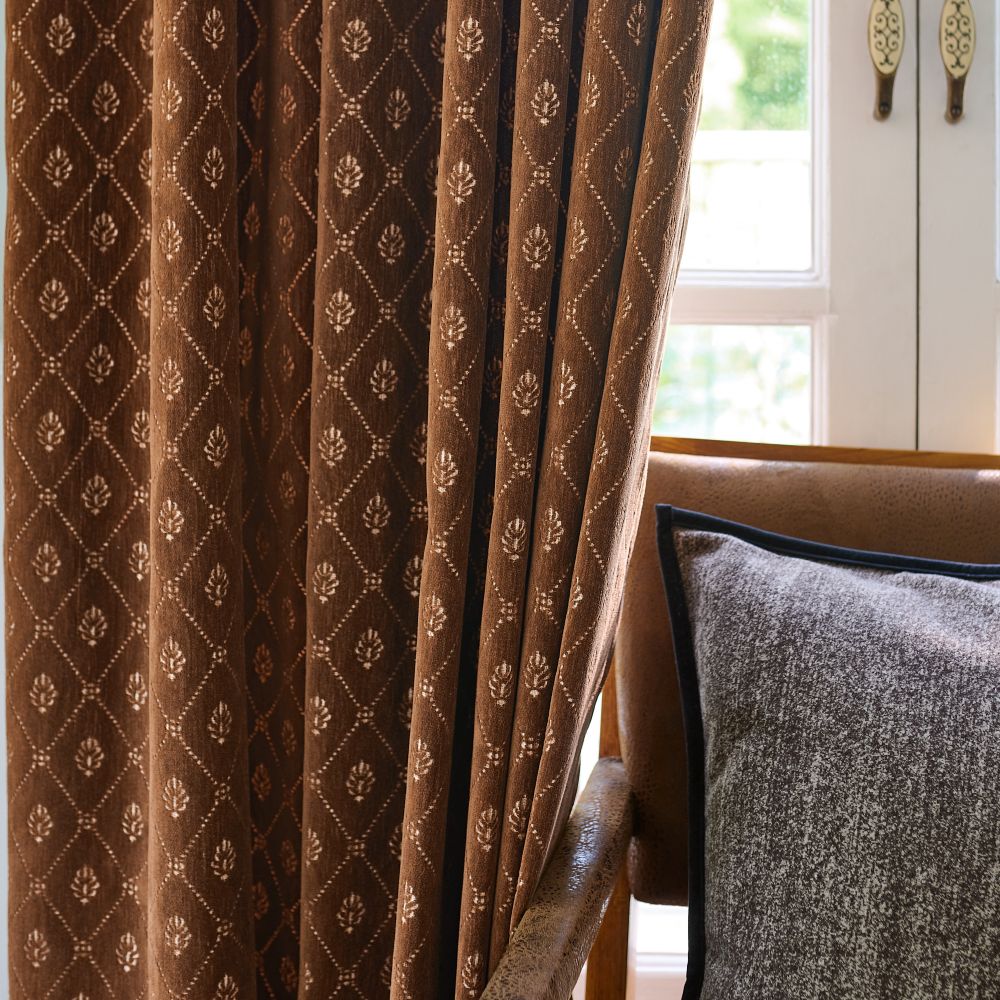 Scarlett Caramel Diamond Trellis Floral Velvet Curtains