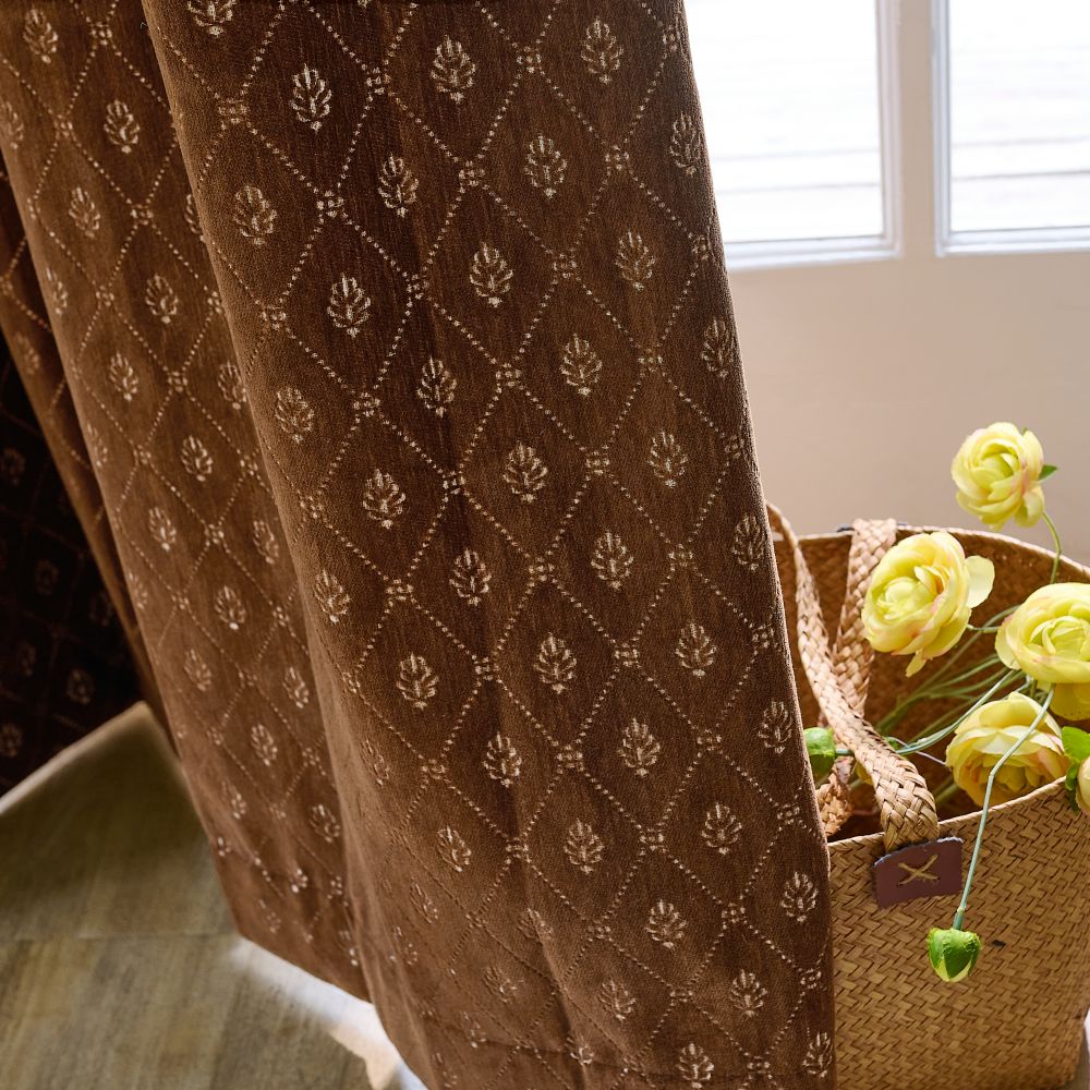 Scarlett Caramel Diamond Trellis Floral Velvet Curtains