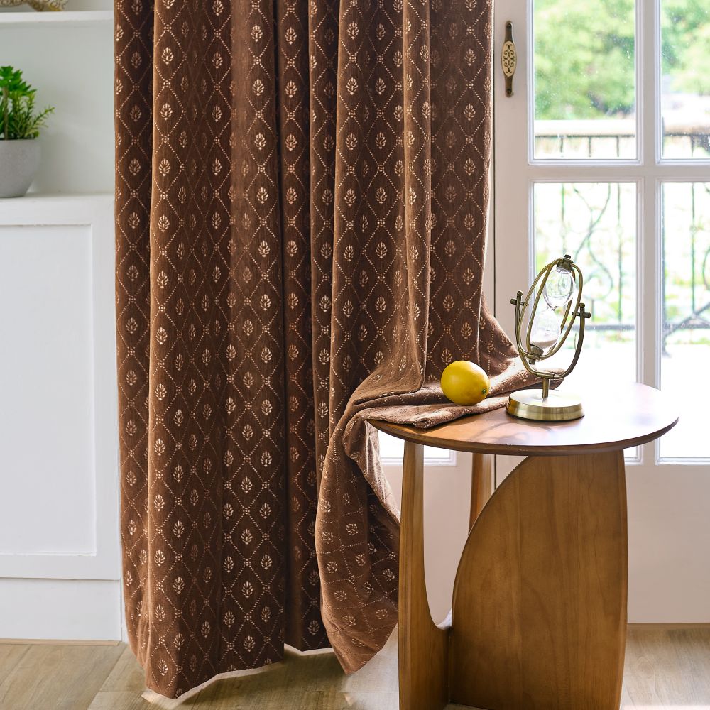 Scarlett Caramel Diamond Trellis Floral Velvet Curtains