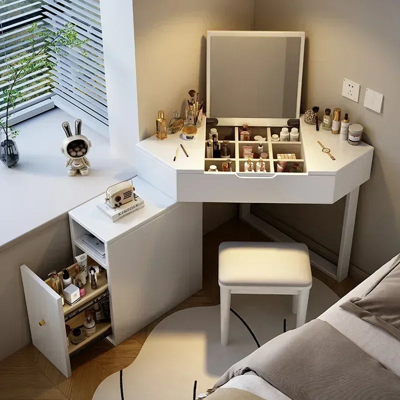 Modern Corner Dressing Vanity with Mirror and Makeup Vanity Set with Charging Station for Bedroom/Cloakroom Wooden Vanity Table