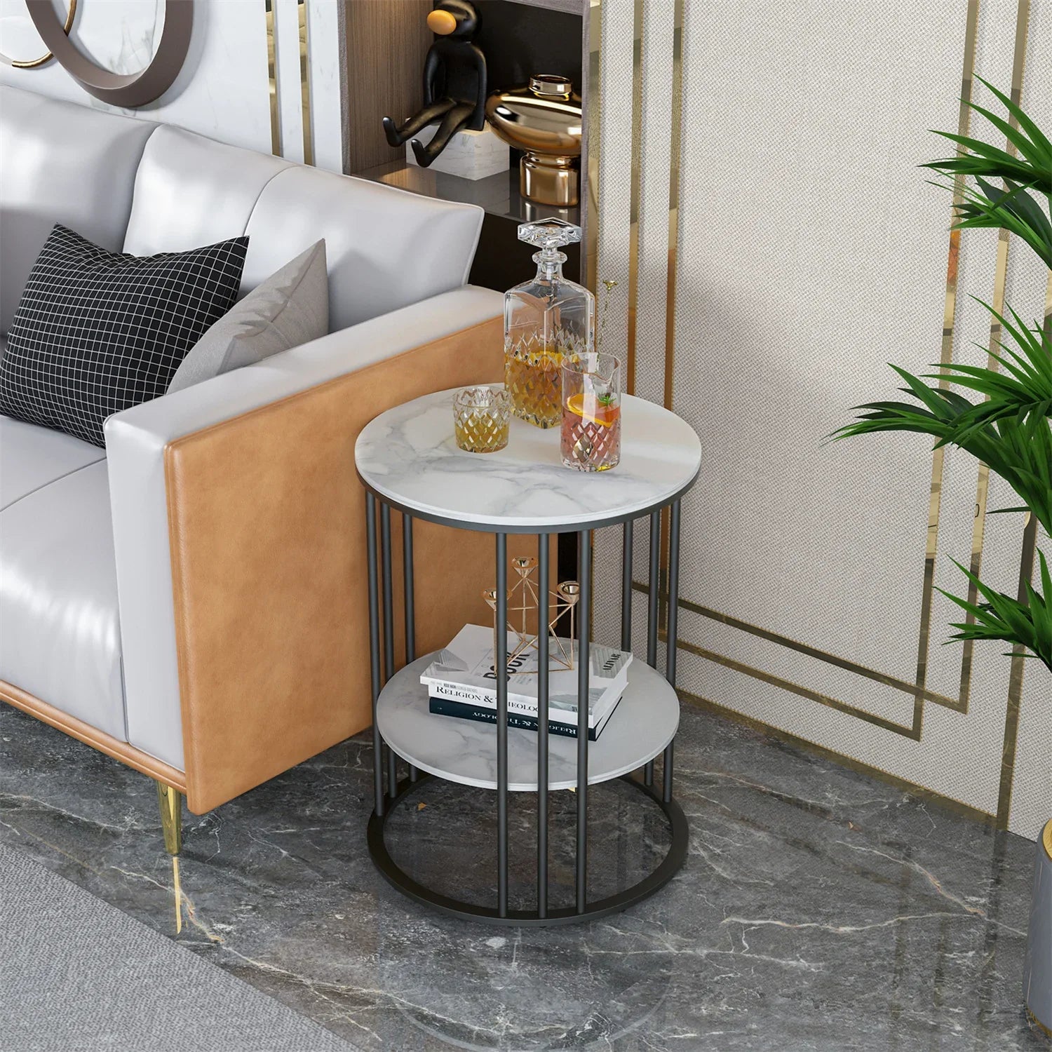 2 Tier Sintered Stone End Table Round White Sofa Side TableSmall Coffee Table with Black Frame - Modern Bedside Nightstand-1