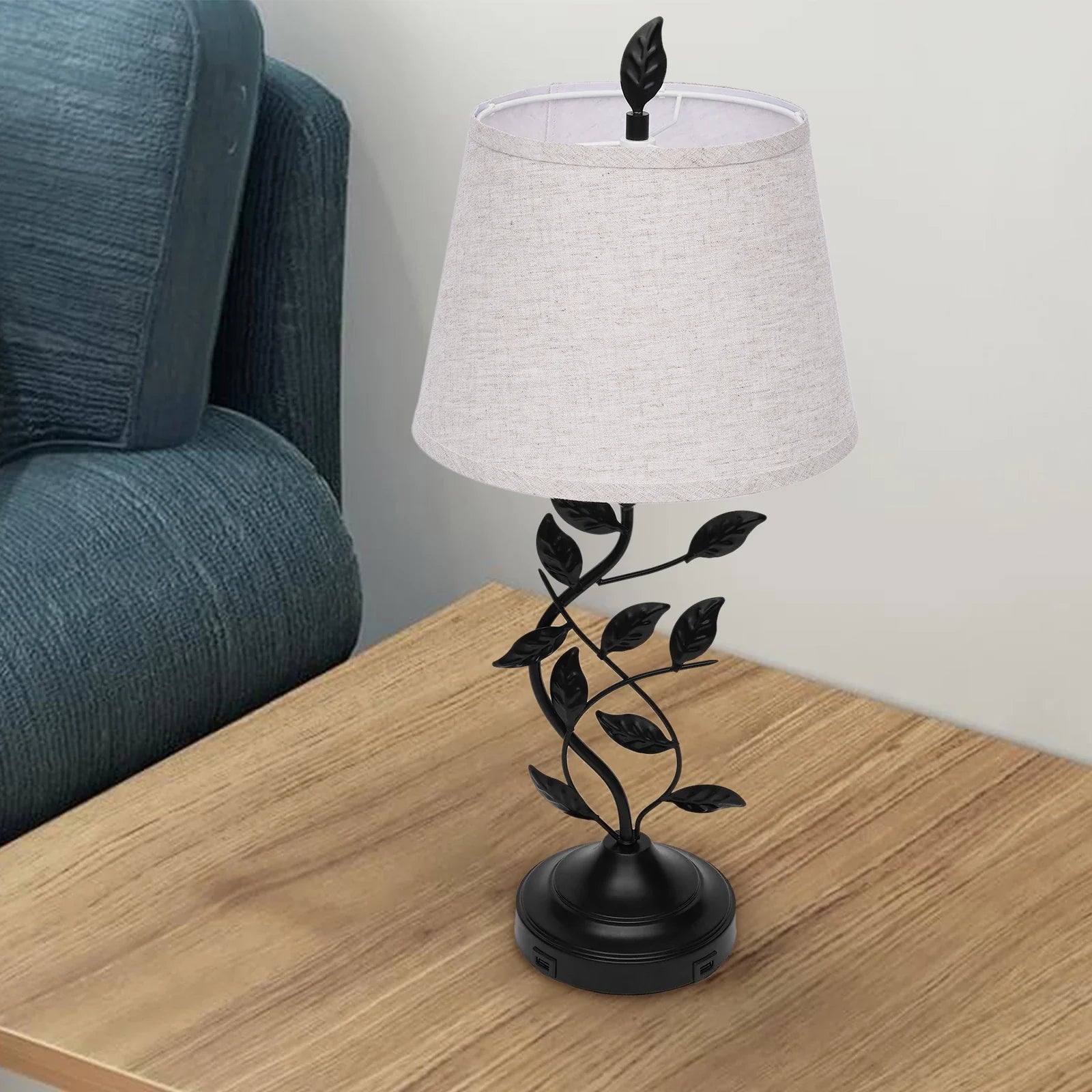 French Romantic Flower Desktop Decorative Light Home Living Room Bedside Table Black Leaf Table Lamps USB-2