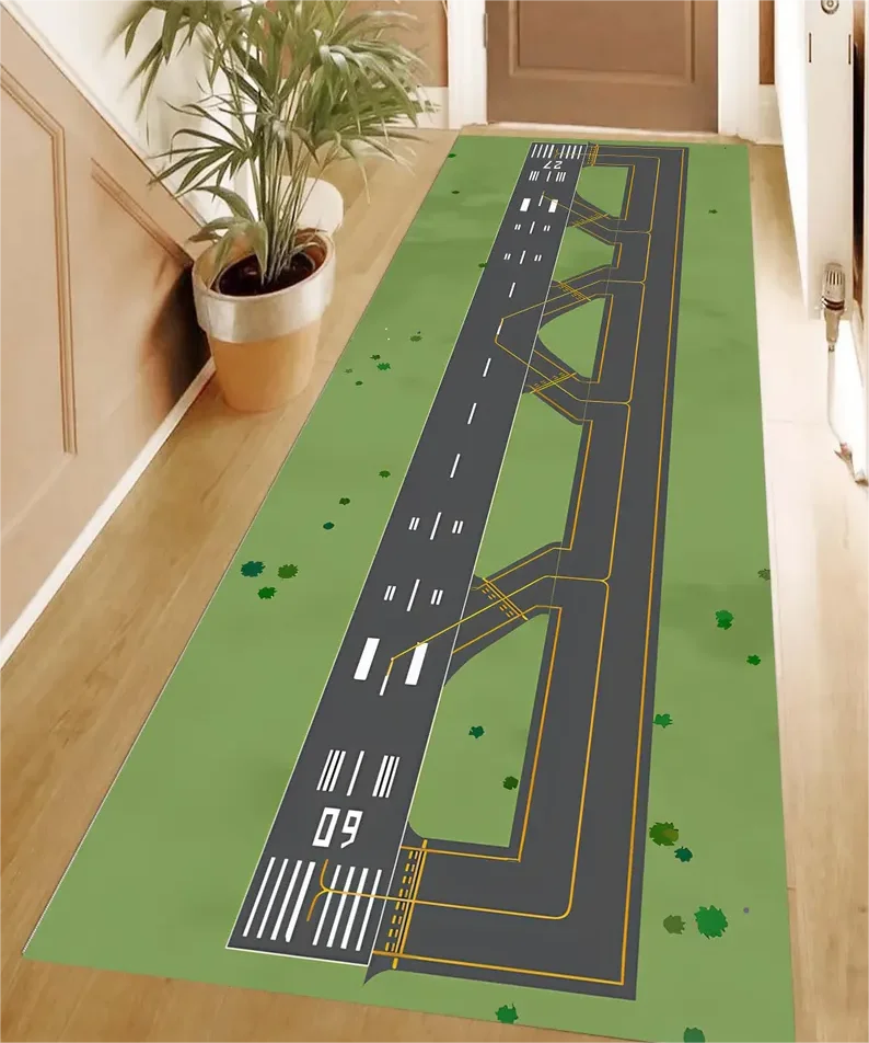 Realistic Airport Runway Carpet Mat Rug, Aviation Theme & Interactive home decoration with Grey Green Tone for Hallway Playroom