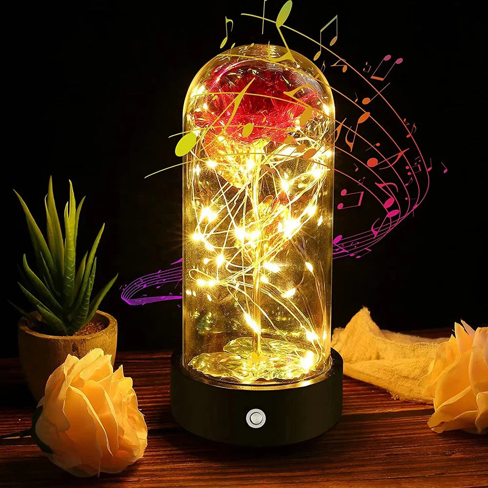 Music Rotated Beauty and The Beast Rose Glass Dome Valentine's Day Gift Room Decoration Forever Rose with LED Lights Rose Flower-3