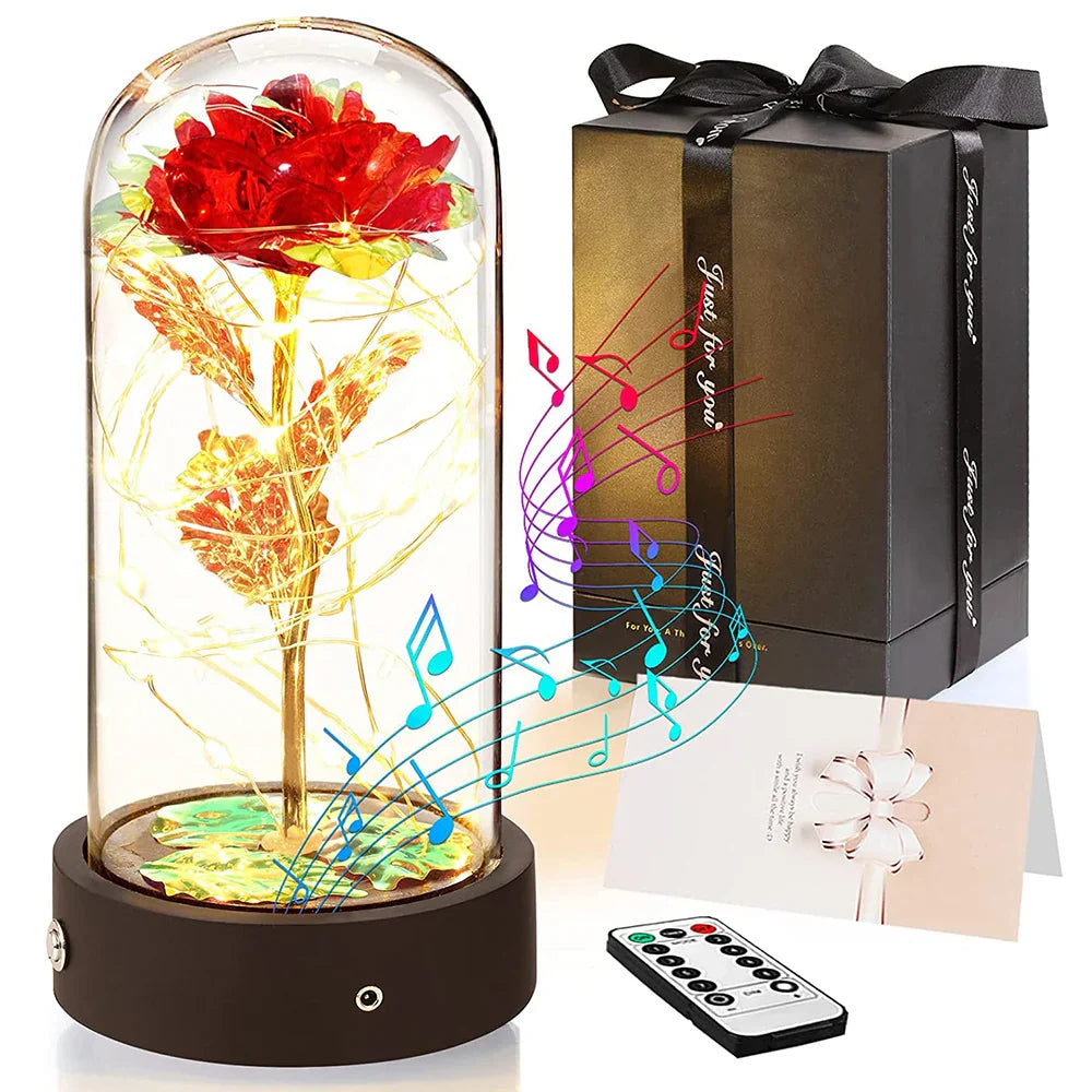 Music Rotated Beauty and The Beast Rose Glass Dome Valentine's Day Gift Room Decoration Forever Rose with LED Lights Rose Flower-8