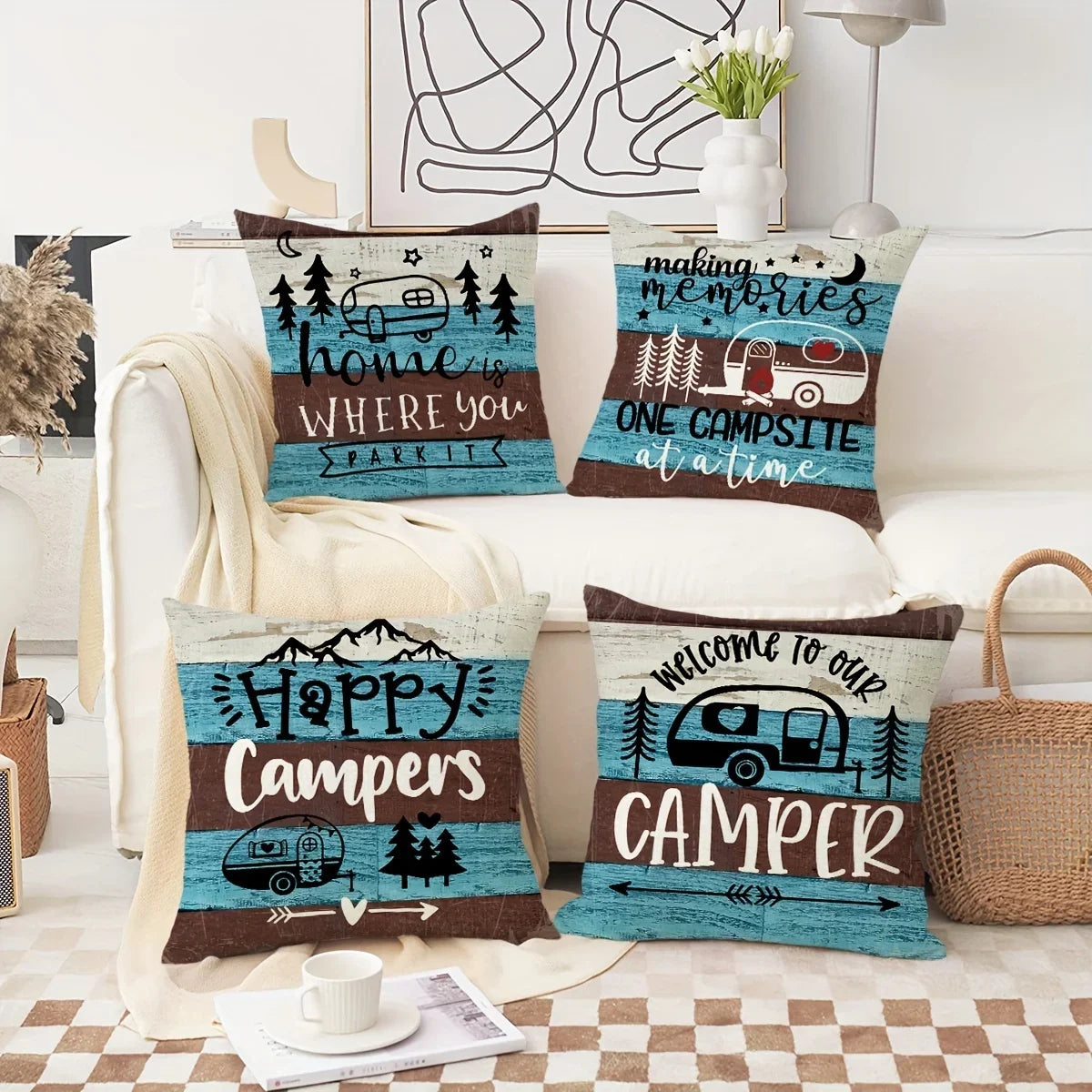 VIKAMA Camping Theme Pillowcase, Country-Style Decorative Cushion pillow Cover, For Sofas, RVs, Camping, Bedroom Home Decoration