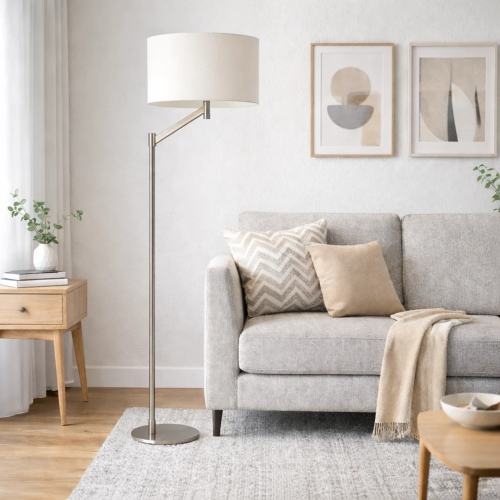 Floor Lamp – Brushed Nickel Finish, White Linen Shade & Rotary Switch | Modern Living Room & Bedroom