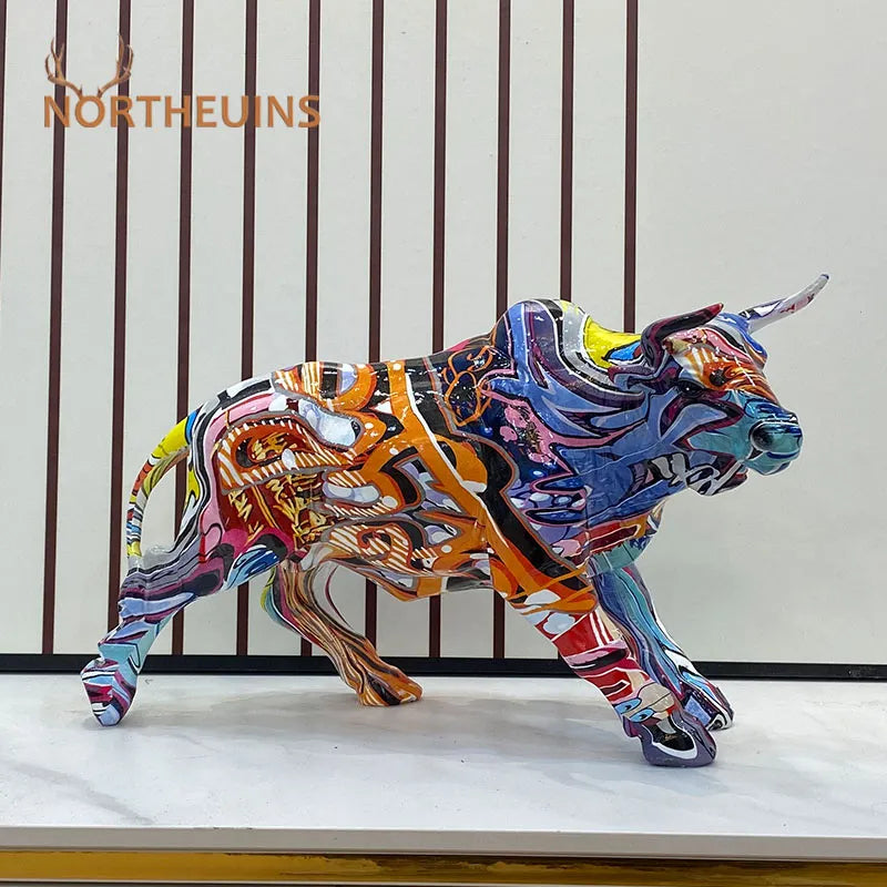 Graffiti Bull Figurine: Artistic Feng Shui Decor for Home and Office-1