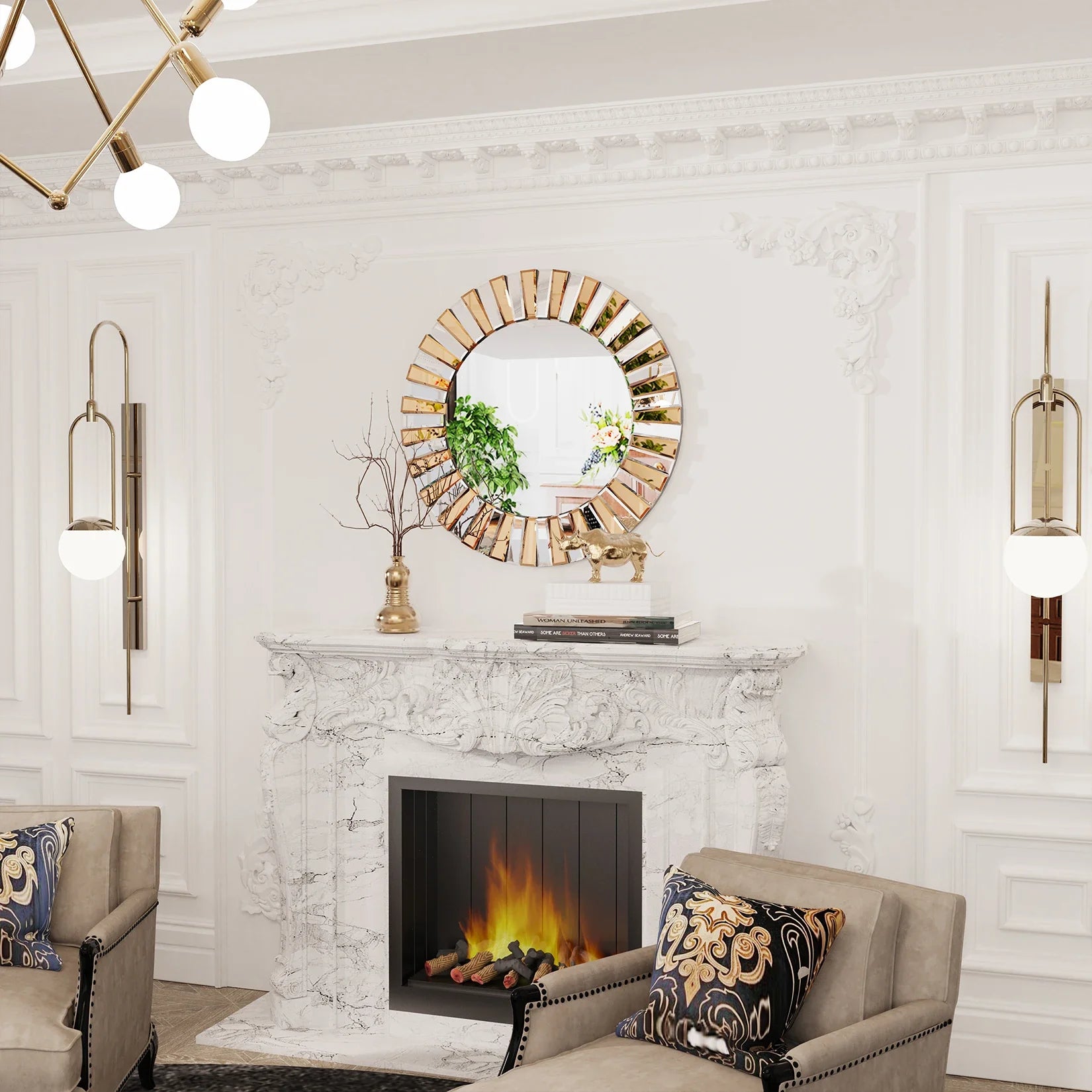 Decorative Mirrors Round Sunburst Wall Mirror Beveled Edge Glass Bathroom Vanity Mirror Hanging Accent Mirrors for Living Room