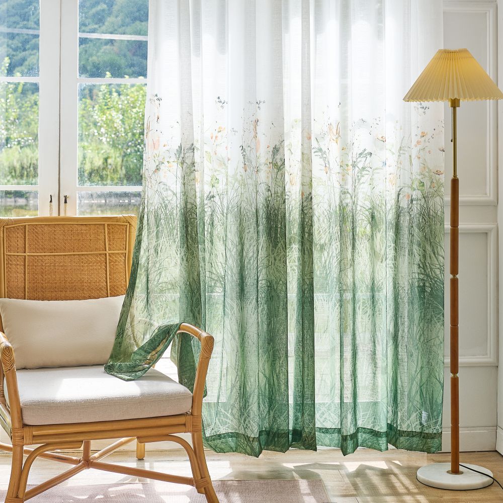 Sicily Green Flowery Lawn Printed Sheer Curtains