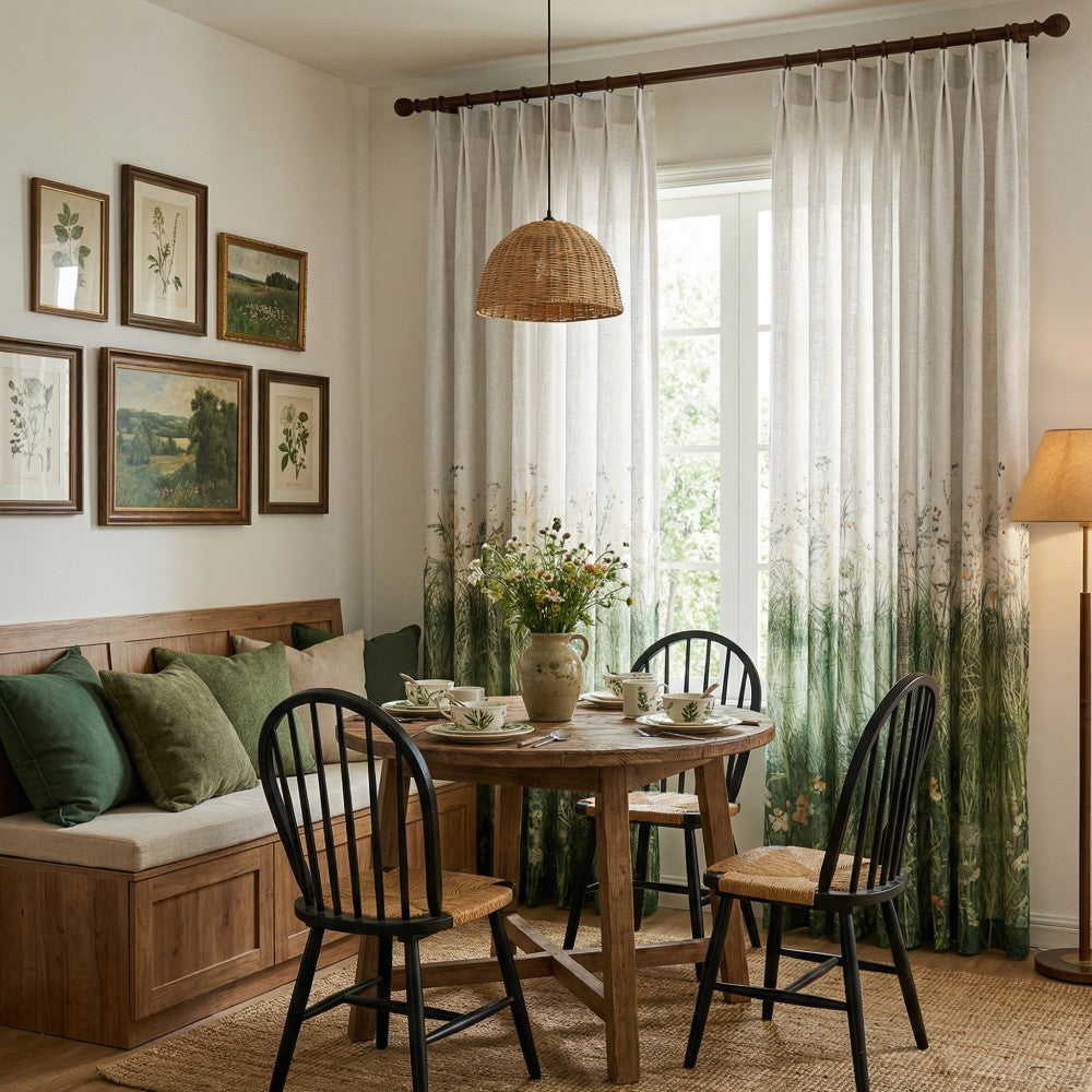 Sicily Green Flowery Lawn Printed Sheer Curtains