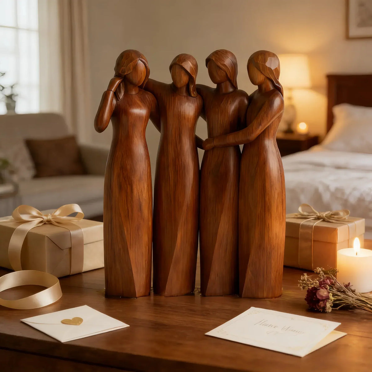 Sistora | Resin Sisters Sculpture with Wood Grain Finish | Friendship Gift for Home Decor
