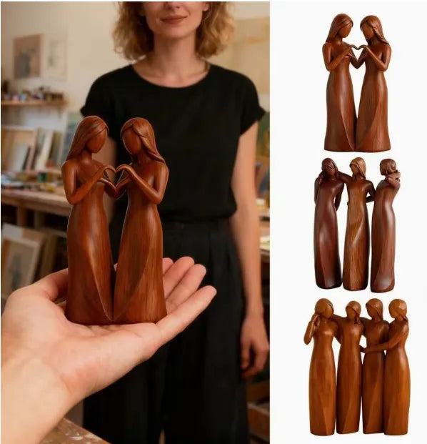 Sistora | Resin Sisters Sculpture with Wood Grain Finish | Friendship Gift for Home Decor